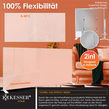 Інфрачервоний обігрівач KESSER 600Вт, скляний конвектор, енергоощадний, 2в1 – підлоговий і настінний, електрообігрівач з датчиком відкритого вікна, термостатом, керуванням через додаток і пульт, білий