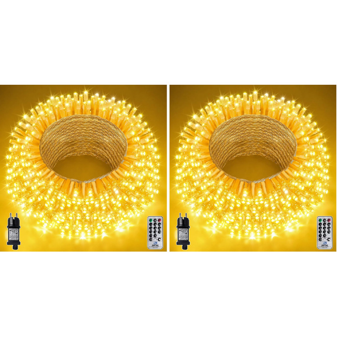 Світлодіодна гірлянда вулична 400 LED (2 шт по 40м), теплий білий колір, IP44 водонепроникна, з пультом керування, 8 режимів та таймером для саду, балкона та Різдва