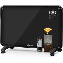 Електричний скляний конвектор TRESKO 2000Вт з WiFi, сенсорним керуванням і LCD-дисплеєм, настінний або підлоговий, чорний