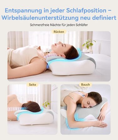 Ортопедична подушка з піни Memory Foam 2-в-1, 60x41.5x10/12 см, біла/сіра - для сну на боці, спині, животі