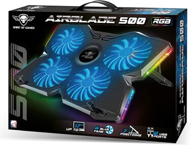 Охолоджувач для ноутбука Spirit of Gamer AIRBLADE 500 (10-17 дюймів), 4 тихі вентилятори, RGB підсвітка, сумісність з PC, PS5, PS4, Xbox