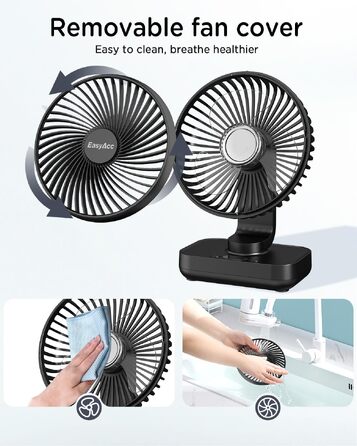 EasyAcc Настільний вентилятор з акумулятором, USB, автоматичне обертання, 4 швидкості, портативний для офісу, дому, бібліотеки, кемпінгу - Чорний