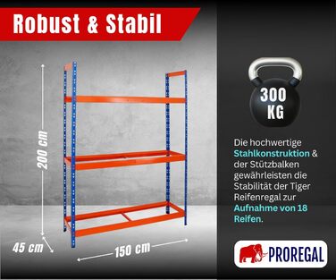 Стелаж для шин PROREGAL Tiger XL: 200x150x45 см, 300 кг навантаження, до 18 шин (205/55 R16), блакитно-помаранчевий | Стелаж для автосервісу, складу, підвалу
