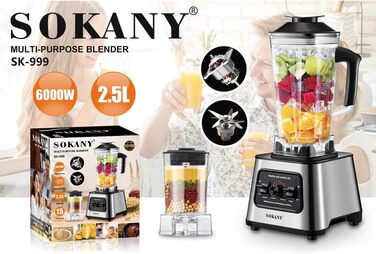 Потужний стаціонарний блендер SOKANY SK-999 6000 Вт, 2-в-1: блендер 2,5 л та кавомолка, 15 швидкостей, функції подрібнення льоду та самоочищення, без BPA, для смузі