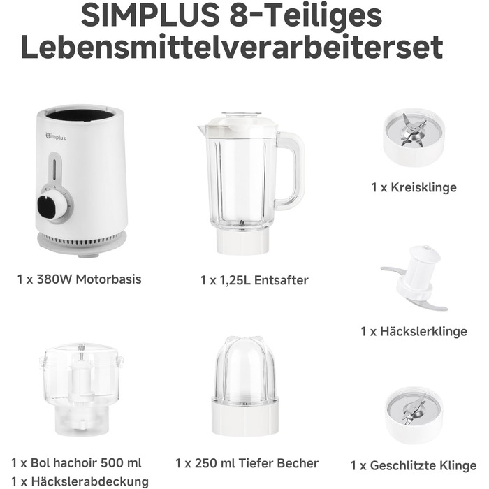 Блендер-комбайн SIMPLUS 3-в-1 зі склянкою 1.25л, м'ясорубкою 500мл та кавомолкою 300мл, нержавіючі ножі, 3 швидкості + імпульс