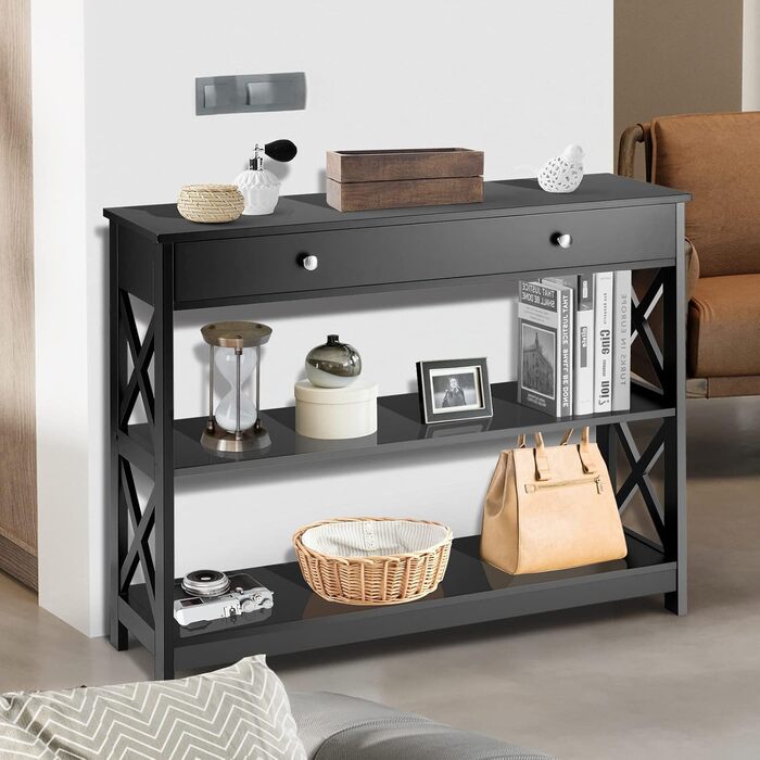 Консольний стіл GIANTEX чорний 100x30x80 см з висувною шухлядою та 2 полицями, вузький стіл у передпокій, сучасний декор-столик, тумба з захистом від перекидання