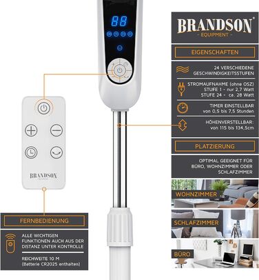 Підлоговий вентилятор Brandson DC Silent з дистанційним керуванням, LED-дисплеєм, 24 швидкостями, тихий, енергоощадний, регульована висота, нахил голови, 80° осциляція, білий