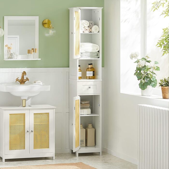 Високий шафа для ванної SoBuy FRG236-DG, темно-сірий, 32x170x30 см, з відкритою полицею, шухлядою та дверцятами