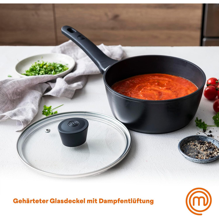 Каструля MasterChef з антипригарним покриттям, скляна кришка, ергономічні ручки, для всіх типів плит, індукція, 18 см, Essentials
