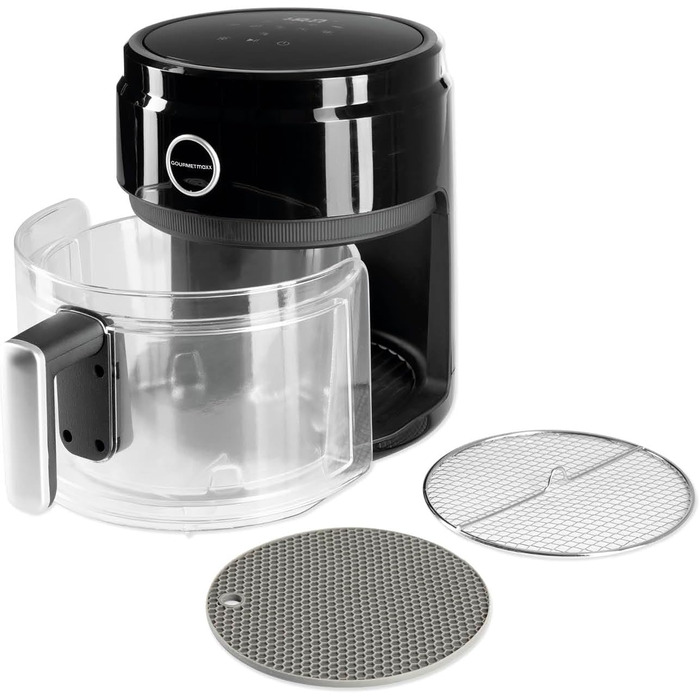 Цифрова аерофритюрниця GOURMETmaxx 3,3 л, скляна чаша, 1400 Вт, чорна/прозора, безжирне смаження, таймер