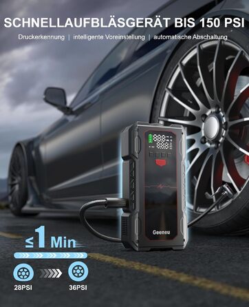 Бустер для авто Starthilfe Powerbank 6000A: пусковий пристрій з компресором 150PSI, 12V для бензинових (до 9л) та дизельних (до 7.5л) двигунів, чорний