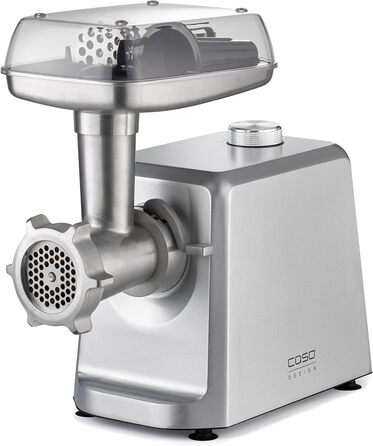 М'ясорубка CASO FW 2500 срібляста, 2500 Вт, титанова ніж, реверс, тихий двигун, комплект насадок, прес для бургерів