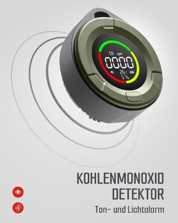 Портативний детектор чадного газу GasDoc DS-100, 3-в-1 CO-детектор для подорожей, кемпінгу, дому та авто, акумуляторний вимірювач з акустичним та візуальним сигналом тривоги, колір темно-зелений