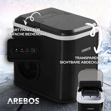 Машина для приготування льоду Arebos 12 кг/24 год | Чорна | З самоочищенням, тихою роботою та вікном для контролю рівня льоду
