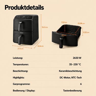 Аерофритюрниця COSORI Turbo Tower Compact DC861 з двома камерами та керамічним покриттям, 8.6 л, 2700 Вт, чорна