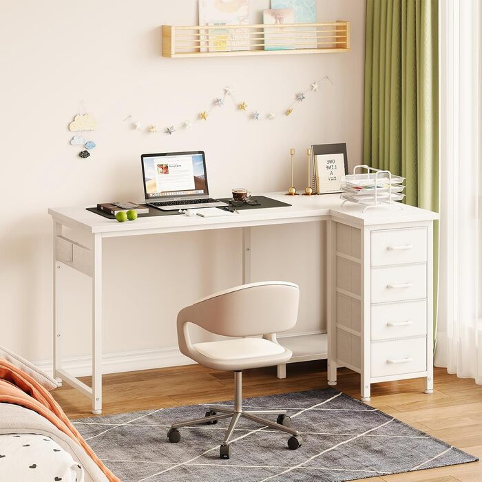 Кутовий письмовий стіл Coleshome L-подібний, 120x70 см, з 4 шухлядами, білий — обернений комп'ютерний стіл для офісу, кабінету та спальні