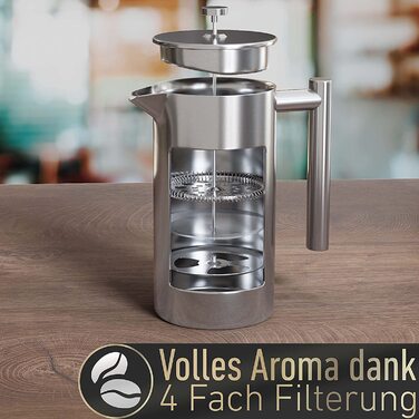 Френч-прес Barista Legends з нержавіючої сталі 1 л, подвійні стінки, термо, для фільтр-кави, для кемпінгу, матовий сріблястий