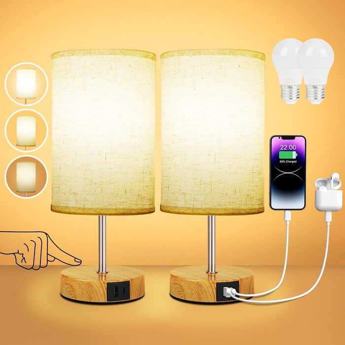 Настільна лампа Suright з сенсорним димером, USB A+C, набір 2 шт, лляний абажур, дерев'яна основа, LED-лампочка, для спальні та вітальні