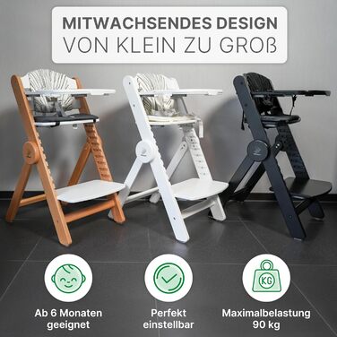 Дитячий стільчик ZWERGHELD® ZS3 Set - преміум якість, з регулюванням, складний, для дітей від 6 місяців до 90 кг, з підносом, дерев'яний (натуральний колір)