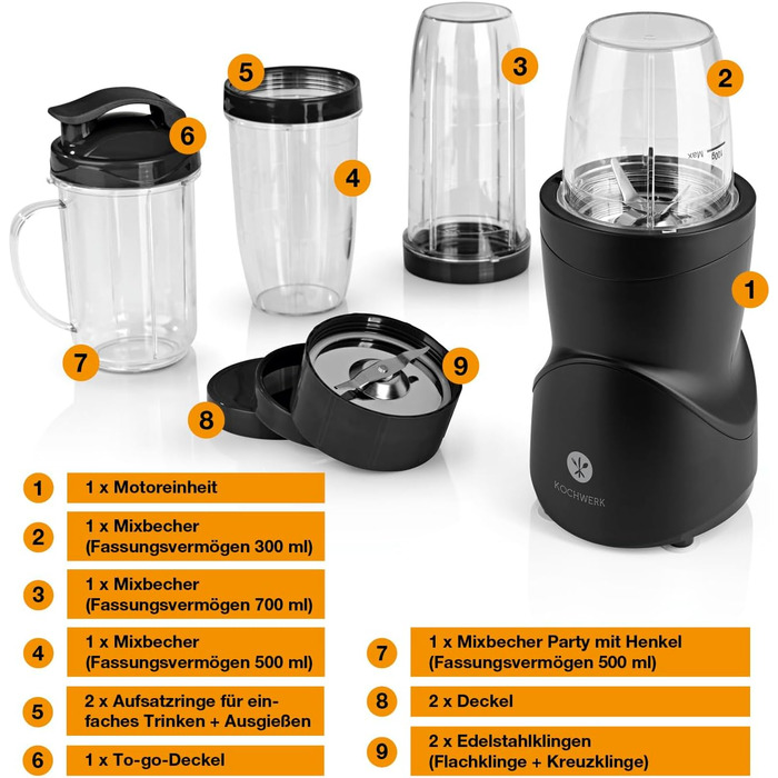 Блендер KOCHWERK Smoothie Maker 12-в-1, 4 чаші, To-Go кришка, подрібнення льоду, для фруктів, овочів і горіхів, міні-стаціонарний, BPA-Free, чорний