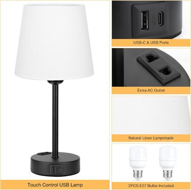 Настільна лампа Kakanuo з торшером, 2 шт., USB зарядка A+C, LED, торшер для спальні, вітальні, дитячої кімнати, офісу (білий)