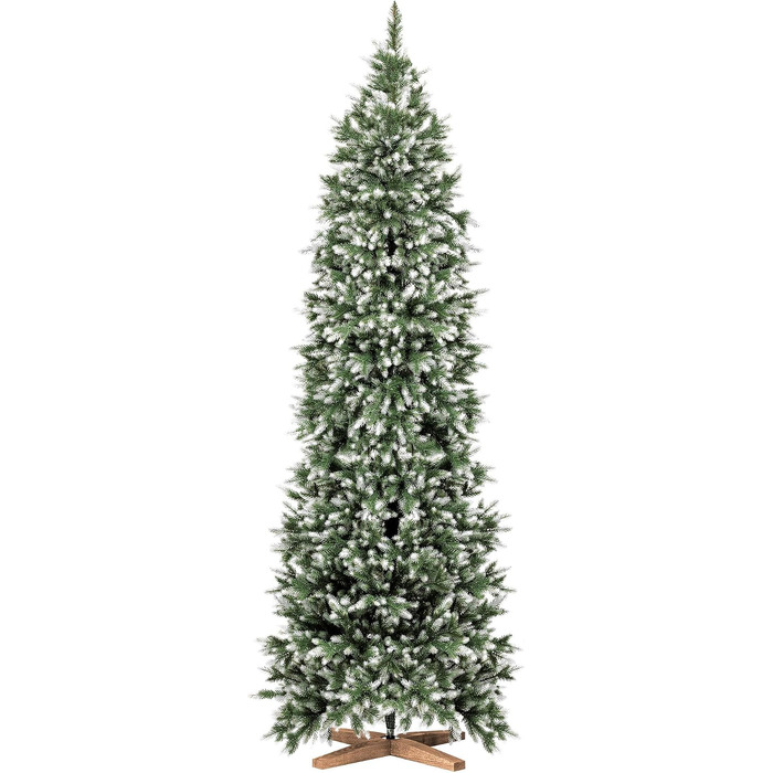 Штучна ялинка FAIRYTREES Nordman Slim Premium 220 см, білий засніжений сосновий колір, ПВХ, з натуральними шишками та дерев'яною підставкою