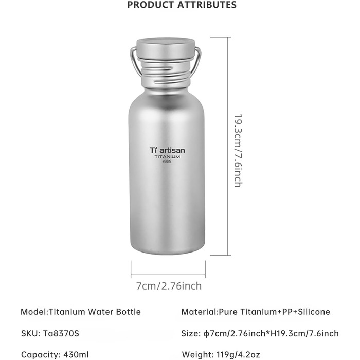 Титанова фляга Ti Artisan Titan-Trinkflasche 430 мл: спортивна, легка, герметична для кемпінгу, туризму, велоспорту