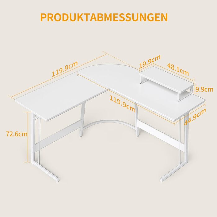 Кутовий письмовий стіл CubiCubi 120x120 см, білий, з полицею для монітора та шухлядами, комп'ютерний стіл для офісу, простий монтаж, місткий, компактний L-подібний стіл