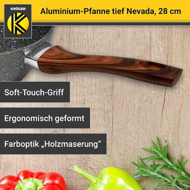 Алюмінієва сковорода KRÜGER Nevada 28 см, глибока, антипригарне покриття, для індукції та посудомийної машини, ергономічна ручка