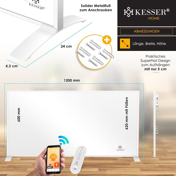 Інфрачервона електронагрівач KESSER 700 Вт, енергоощадна, для підлоги і стіни, з термостатом, дистанційним керуванням та керуванням через додаток, біла
