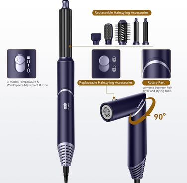 UKLISS 5-в-1 Airstyler Фен-щітка для укладки волосся з насадкою для локонів, 60000 об/хв, блакитний