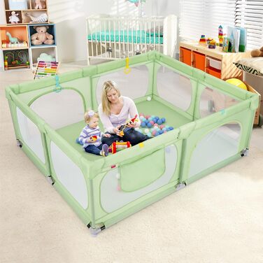 Дитячий ігровий манеж COSTWAY 189x158 см, з 50 кульками, 4 ручками та 4 дверцятами на блискавці, дихаюча сітка, зелений, без матраца