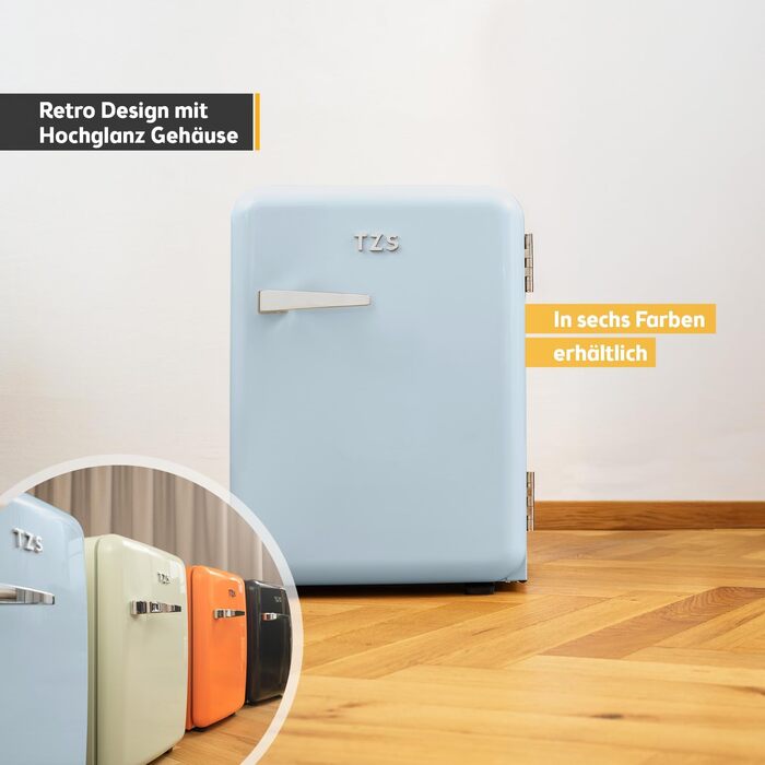 Холодильник мініатюрний TZS First Austria Retro 40L безшумний блакитний - 40 літрів, з підсвіткою та 2 полицями для дверей - для кемпінгу, офісу, спальні та готелю