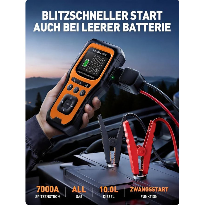 Бустер для авто TREKURE 7000A: Пусковий пристрій 12V з тестером акумулятора та OBD2 діагностикою для бензинових та дизельних двигунів до 10.0L, з LED-ліхтарем