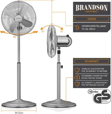 Підлоговий вентилятор Brandson Silverline з коливанням 80° та хромованим дизайном - 3 швидкості, регульована висота та нахил 30°
