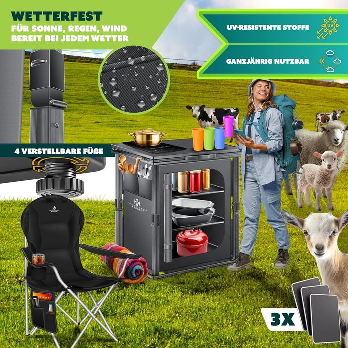Кухня для кемпінгу KESSER® розкладний шафа 60x80см | Кухонний шафа з алюмінієвим каркасом, 3 відділення, 4-ий набір чашок, бічні кишені, москітна сітка | Розкладний кухонний блок для кемпінгу з UV-стійкої тканини, 3 полиці, антрацит