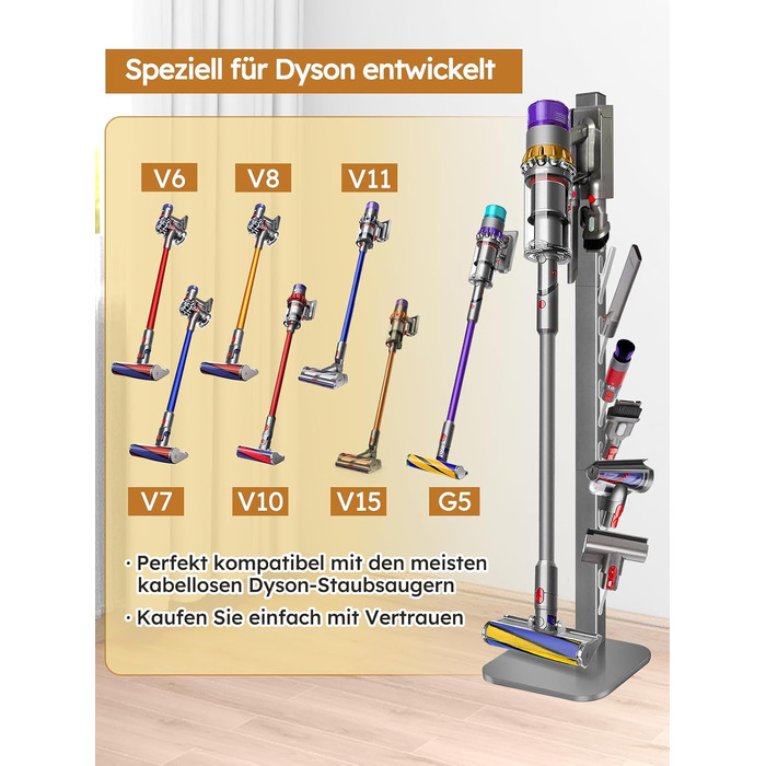 Стійка для пилососа Dyson Gen5 V15 V12 V11 V10 V8 V7 V6 – на підлогу, з 6 гачками, срібляста