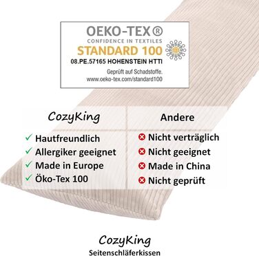 Подушка для сну на боці 200x40 см Cord Beige/Cream, Öko-Tex, 40°C, вагітним та для годування