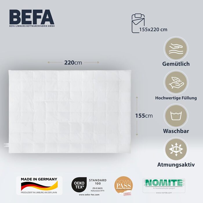 Літня пухова ковдра BEFA NATUR 155x220 см, 90% пуху, 10% пера, для алергіків, Німеччина, сертифікат Öko-Tex 100, Downpass, комплект 2 шт.