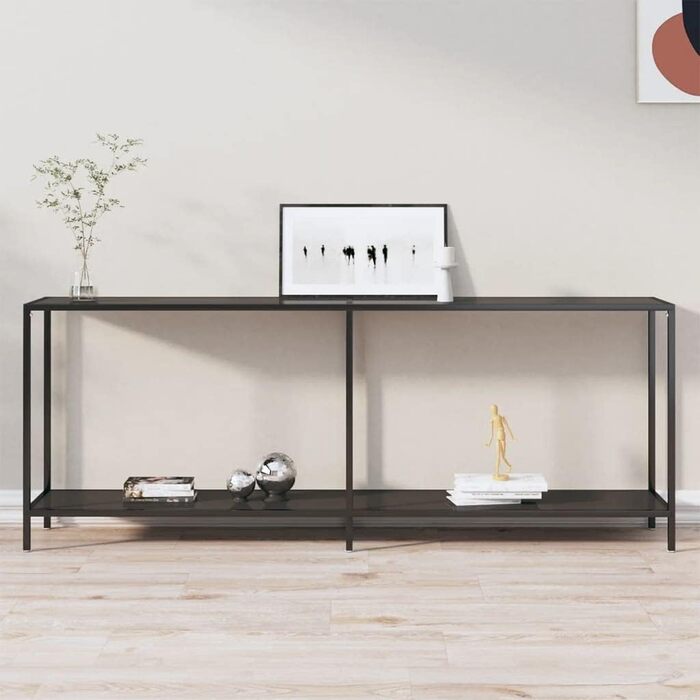 Консольний стіл vidaXL зі скла та сталі, чорний, 200x35x75,5 см – сучасний приставний стіл для коридору, вітальні, з гартованого скла