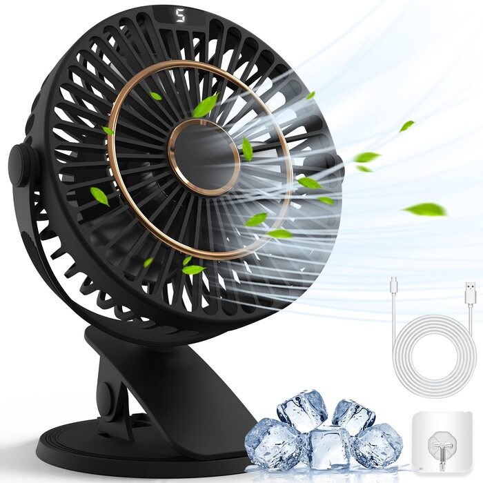 COZII Міні-вентилятор USB: кліпса на стіл, 720° поворот, 5 швидкостей, LED-дисплей. Портативний вентилятор для дому, офісу, дитячого візочка, подорожей - чорний