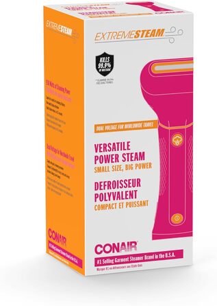 Паровий відпарювач Conair Power Steam для подорожей, компактний та складаний, потужний пар 20 г/хв, з вішаком, ідеальний для поїздок, рожевий