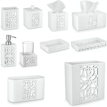 Набір аксесуарів для ванної кімнати Creative Scents – білий та сірий. 4 предмети: дозатор для мила, мильниця, тримач для зубних щіток, чашка.
