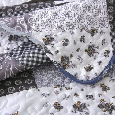 Покривало WONGS BEDDING 220x240 см, стьобане, мікрофібра, патчворк, з 2 наволочками 48x75 см, квітковий візерунок, чорний/сірий