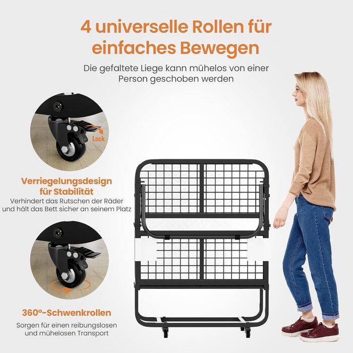 Розкладне ліжко для дорослих 90x200 см з матрацом Memory Foam (13 см), посилений металевий каркас, витримує до 250 кг