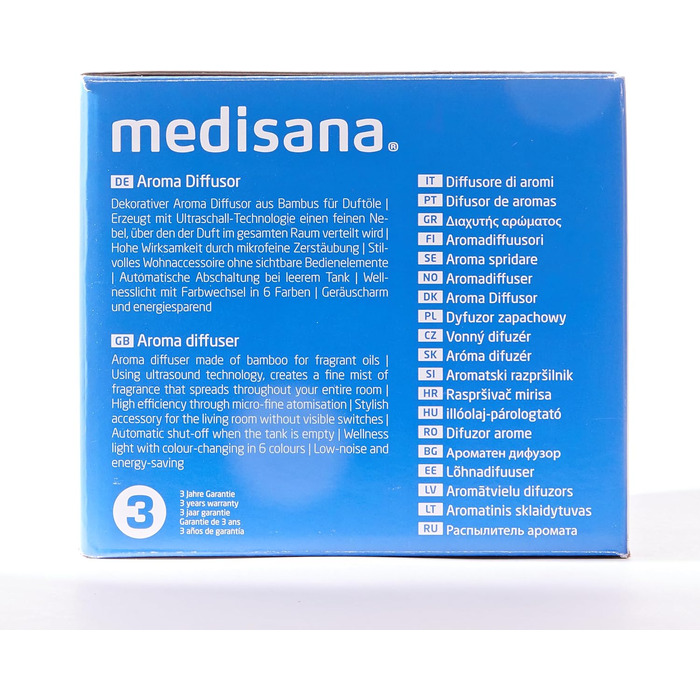 Аромадифузор Medisana AD 625 з бамбука, електричний з таймером, для ефірних олій, 100 мл, підсвічування 6 кольорів, очищувач повітря та освіжувач кімнати