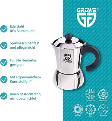 Еспресо-кавоварка GRÄWE для індукції, нержавіюча сталь, 6 чашок, класична, без алюмінію, 300 мл