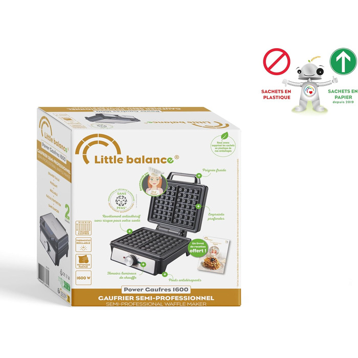 Електричний вафельниця LITTLE BALANCE 8816 Power Waffeln 1600W, антипригарне покриття без PFAS, для товстих та хрустких бельгійських вафель, чорна, 20 x 17 см