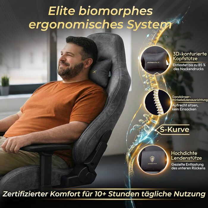 Ігрове крісло Dowinx Ergonomic Gaming Chair з підставкою для ніг та 3D підлокітниками, сіре, витримує до 200 кг, офісне крісло для геймерів