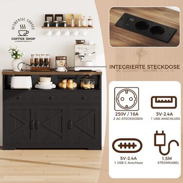 Кухонний комод-буфет IRONCK з розетками (2AC+1USB+1C), шафа для вітальні та їдальні з 3 шухлядами та 3 дверцятами, кава-бар з регульованою полицею, 107x35x95см, чорний